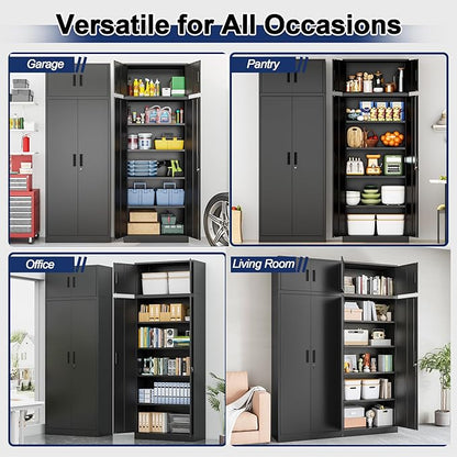 BESFUR Metal Storage Cabinet 87" H,Tall Locking Storage Cabinets with Top Cabinet and 4 Adjustable Shelves for Home Office, Garage,School, Apartment, Warehouse, Utility Room，Black