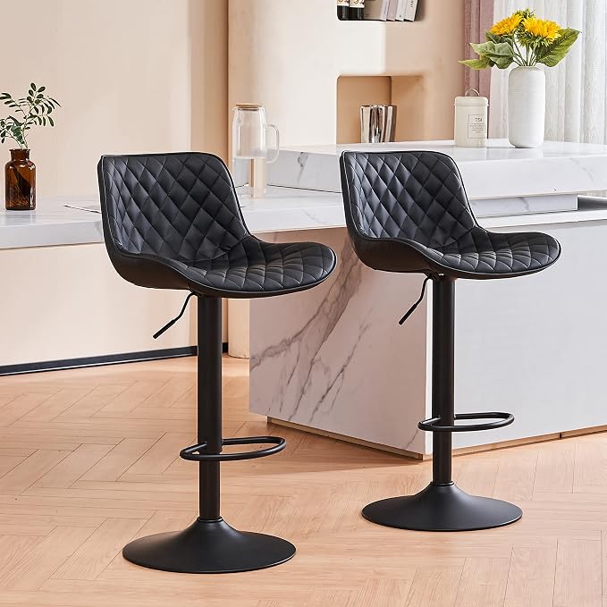 YOUTASTE Black Bar Stools Counter Height Bar Stool Set of 2 Adjustable Swivel Faux Leather Barstools with Padded Back Diamond Metal Bar Chairs for Home Kitchen Island