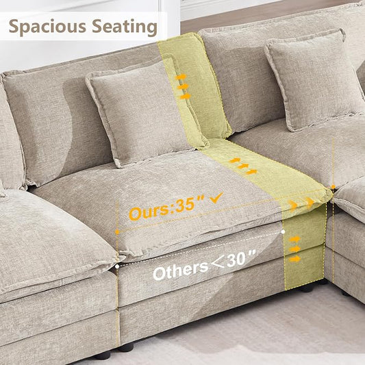 147" Modular Sectional Sofa, Oversized U Shaped Sectionals Cloud Couch, Big Comfy Couch with 2 Ottomans, 6 Seater Chenille Sectional Sofa with Deep Seat and 6 Pillows for Living Room- Camel