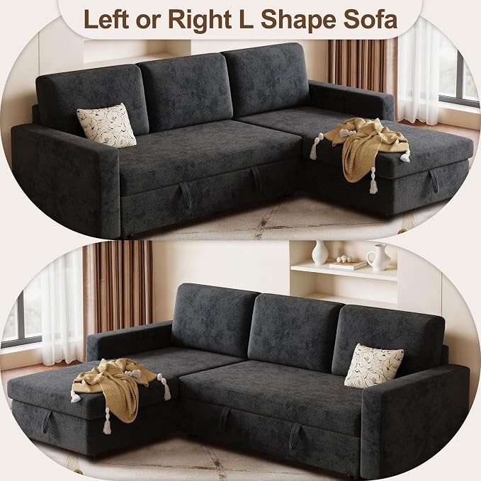 81" Convertible L-Shaped Pull Out Sectional Sleeper Sofa Bed, Dark Gray | Storage Chaise, Pull Out Sectional Couch, Removable Cushions, Chenille Fabric, For Small Apartment & Living Room