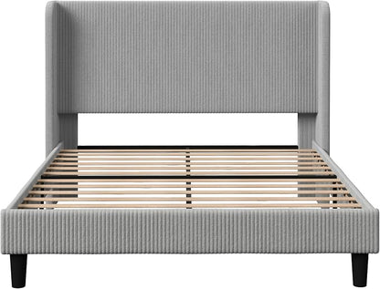 Allewie Queen Size Bed Frame with Upholstered Wingback Headboard, Vertical Channel Tufted Corduroy Velvet Platform Bed, Strong Wooden Slats Support, No Box Spring Needed, Easy Assembly, Light Grey