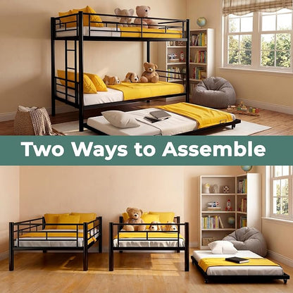 Bunk Bed with Trundle, Metal Twin Bunk Beds with Guardrail and Ladder for Kids/Teenagers/Adults, Space-Saving Bunk Bed Can be Split Into 3 Beds, No Box Spring Needed(Black, with Trundle)