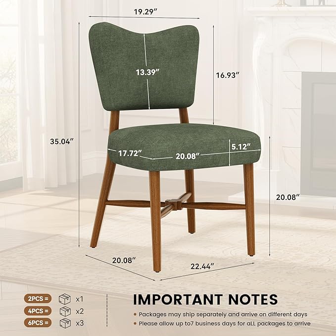 Farmhouse Dining Chairs Set of 2, Linen Seat, Wood Legs, Green | Mid Century Modern, Upholstered Padded Cushion, Solid Wood Cross-Brace, Easy 15-Min Assembly, Kitchen Dining Room