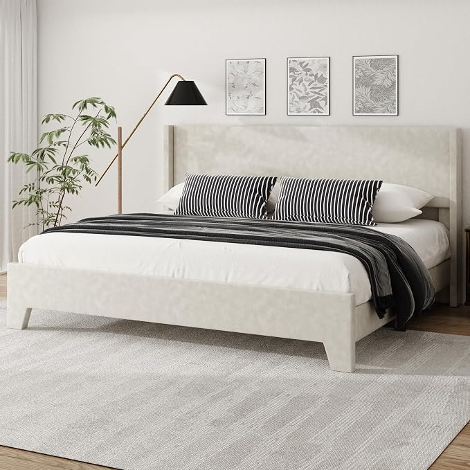 King Bed Frame with Faux Leather Upholstered Headboard, Wear-Resistant, Easy Clean, Mattress Foundation, No Box Spring Required, Easy Assembly, Beige
