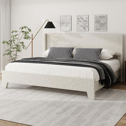 King Bed Frame with Faux Leather Upholstered Headboard, Wear-Resistant, Easy Clean, Mattress Foundation, No Box Spring Required, Easy Assembly, Beige