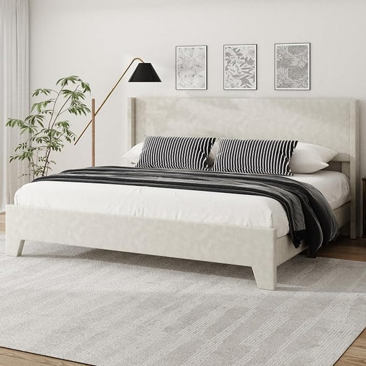 King Bed Frame with Faux Leather Upholstered Headboard, Wear-Resistant, Easy Clean, Mattress Foundation, No Box Spring Required, Easy Assembly, Beige