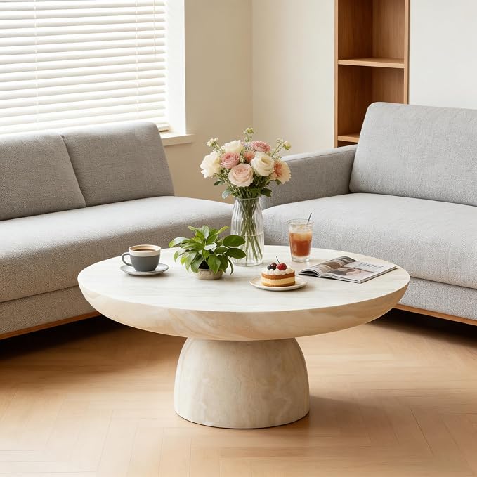 31.5" Round Marble Coffee Table, Modern Pedestal Coffee Table Faux Stone Drum Center Table with Base, Accent Concrete Side End Table for Living Room Apartment Home Office