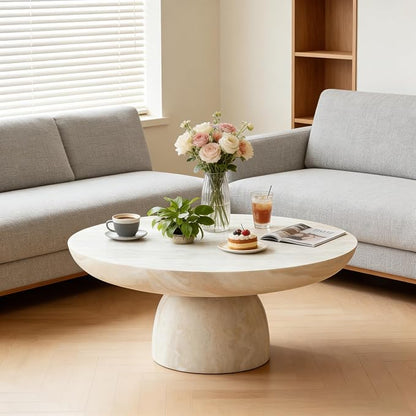31.5" Round Marble Coffee Table, Modern Pedestal Coffee Table Faux Stone Drum Center Table with Base, Accent Concrete Side End Table for Living Room Apartment Home Office