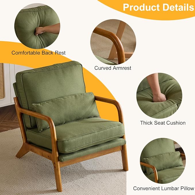 Bonnlo Dark Green Linen Mid Century Modern Accent Chair, Soild Wood Padding Lounge Armchairs Side Sitting Chairs for Living Room, Bedroom, Guest Room