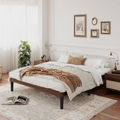 Yumori 12.9 Inch Minimalist Style Queen Size Bed Frame, Wood Platform Bed with Wood Slat Support, No Box Spring Needed, Easy Assembly, Walnut