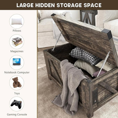 jimeimen Farmhouse Lift Top Coffee Table with Storage, Wood Square Center Table with Charging Station&USB Port, Living Room Table w/Large Hidden Space, for Living Room, Bedroom, Home Office, Dark Grey