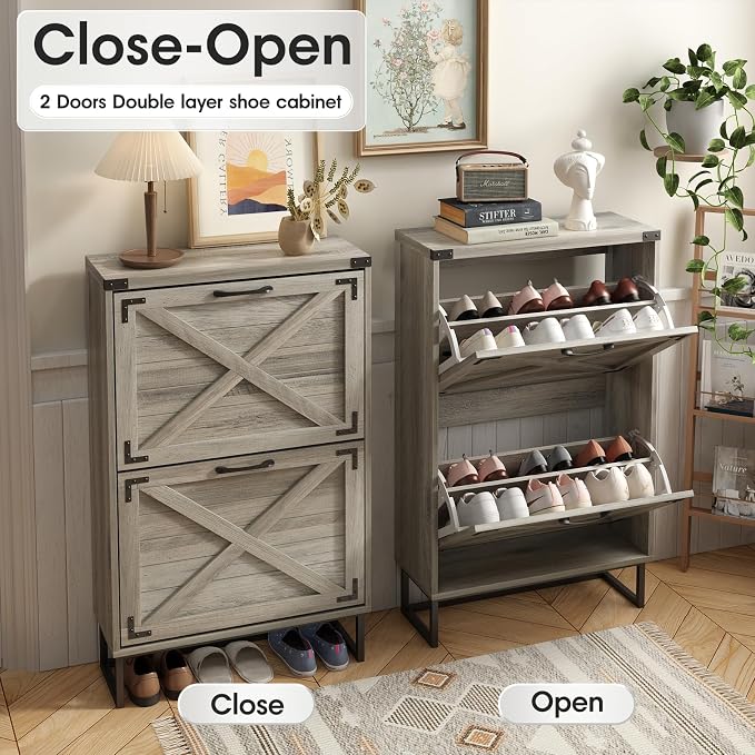 Maupvit 24" W Farmhouse Shoe Cabinet Storage for Entryway, Freestanding Organizer with 2 Flip Drawers, Narrow Shoe Rack Cabinet with Metal Corner Decoration, Washed Gray