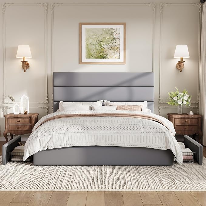 SHA CERLIN Queen Size Platform Bed Frame with 4 Storage Drawers, Velvet Upholstered Headboard, Mattress Foundation with Wooden Slats Support, No Box Spring Needed, Easy Assembly, Grey