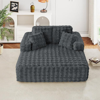 JEEOHEY 56" W Oversized Chaise Lounge Chair Indoor,Plush Faux Fur Sleeper Couch Sofa Bed with Pillows,Fluffy Comfy Cloud Sofa,Compression Foam Boneless Couch for Living Room,Bedroom(Bubble, Grey)