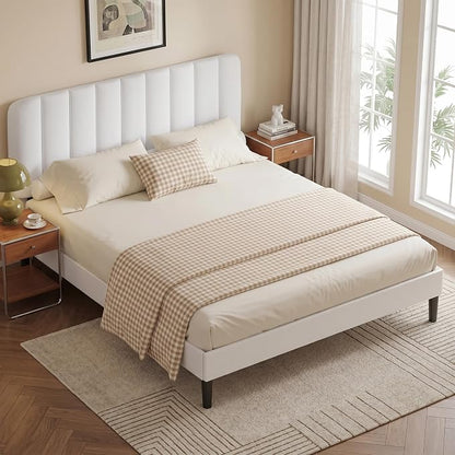 VECELO Queen Size Bed Frame with Upholstered Headboard, Velvet Platform Bedframe Mattress Foundation, Strong Wood Slat Support, No Box Spring Needed,White