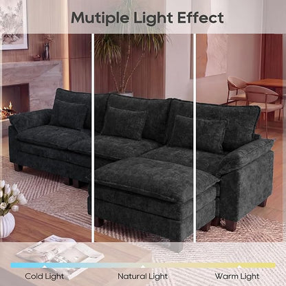 URRED Oversized Modular Sectional Sofa, 122" L Shaped Modern Comfy Cloud Couch with Movable Ottoman & Pillows, Deep Seat Couches for Living Room, Bedroom or Apartment (Chenille Black, 122" L Shaped)