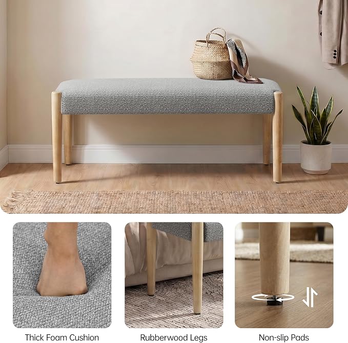 Usaint 42" End of Bed Bench, Modern Upholstered Bedroom Bench with Rubberwood Legs, Entryway Bench with Cushion, Dining Bench for Living Room, Bedroom, Grey with Oak Leg