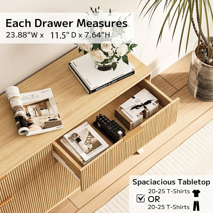 Fluted Dresser with 6 Drawers, 53.43 Inch Wood Double Dresser with Metal Handles Curved Design Wide Storage Organizer Cabinet Modern Chest Dressers for Bedroom Living Room Hallway(Oak)
