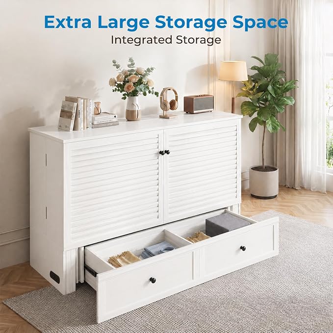 Mjkone 63" W Queen Size Murphy Bed Cabinet with Mattress & USB Charging Station, Modern Guest Beds Chest Cabinet Bed with Storage Drawer for Bedroom Home Apartment, White