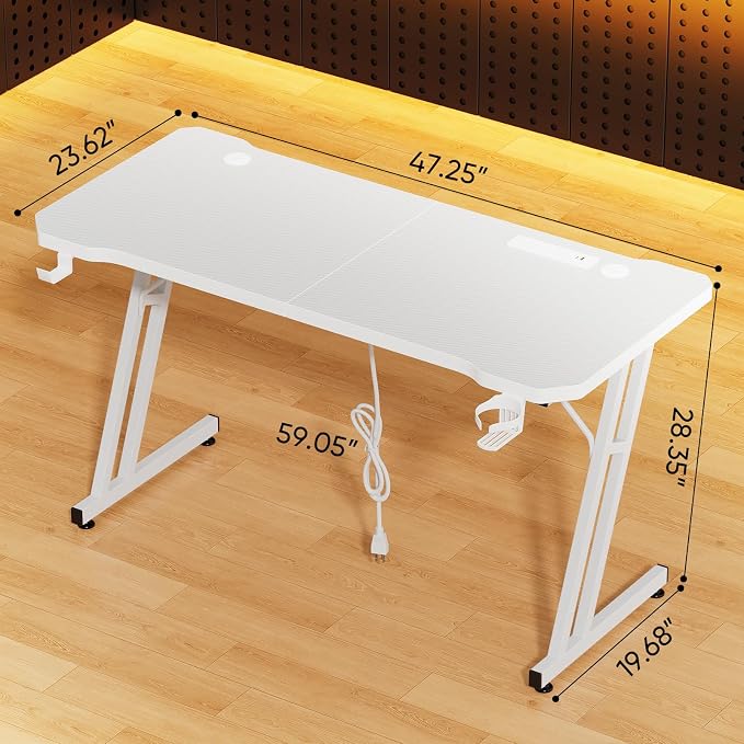 Czlolo 47 Inch Gaming Desk with Power Outlets, L-Shape Leg Computer Desk, Gamer Desk for Small Space, Wtih Cup Holder, Headphone Stand, USB＆ Tpye-C Ports, Carbon Fiber Surface, White