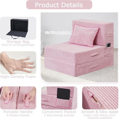 Folding Sofa Bed, 4 in 1 Convertible Sleeper Chair with Pillow, Single Memory Foam Fold Out Chair Bed, Modern Floor Futon Sofa Couch Mattress for Living Room/Guest/Apartment, Pink