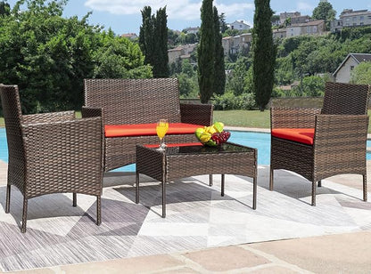 Greesum Patio Furniture 4 Pieces Conversation Sets Outdoor Wicker Rattan Chairs Garden Backyard Balcony Porch Poolside loveseat with Soft Cushion and Glass Table, Brown and Red