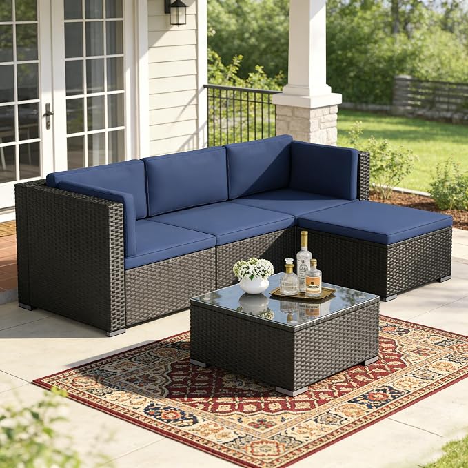SUNCROWN 5-Piece Outdoor Patio Furniture Set, All-Weather PE Rattan Sectional Sofa with Ottoman, Glass Coffee Table & Cushions, Modular Wicker Conversation Set for Backyard, Garden, Porch, Dark Blue