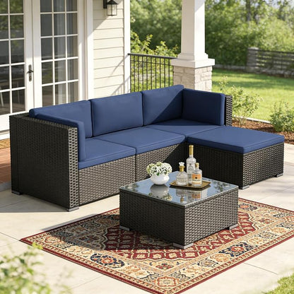 SUNCROWN 5-Piece Outdoor Patio Furniture Set, All-Weather PE Rattan Sectional Sofa with Ottoman, Glass Coffee Table & Cushions, Modular Wicker Conversation Set for Backyard, Garden, Porch, Dark Blue