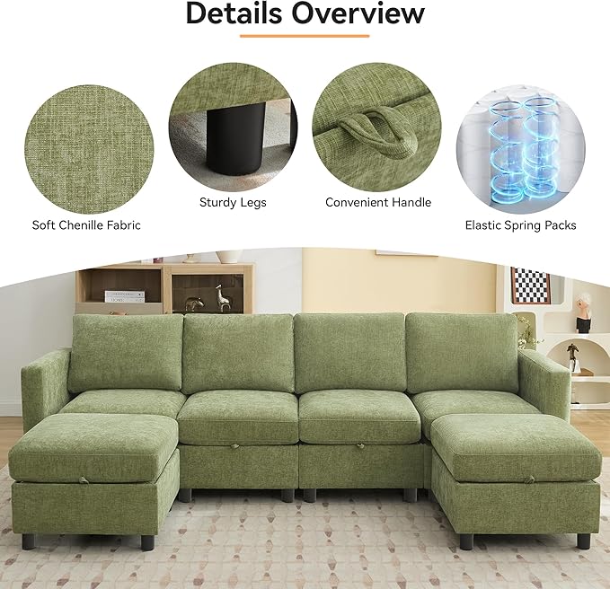 WUTUTUEE 83”L-Shaped Modular Sectional Sofa with Storage & Movable Ottoman, Convertible 4-Seat Reversible Chaise Chenille Couch for Living Room, Soft Green Fabric, Modern Design