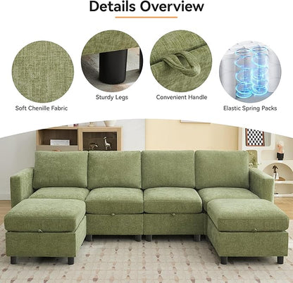 WUTUTUEE 83”L-Shaped Modular Sectional Sofa with Storage & Movable Ottoman, Convertible 4-Seat Reversible Chaise Chenille Couch for Living Room, Soft Green Fabric, Modern Design