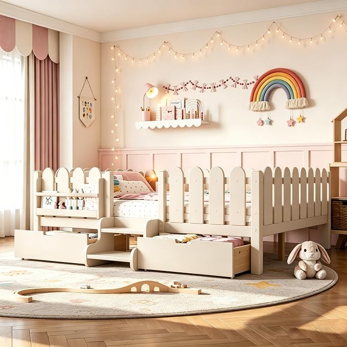 Bellemave Queen Size Platform Bed with Storage Drawers & Bookshelf for Boys Girls, Kids Queen Bed Frame with LED Lights & Stairs for Children's Room, Beige
