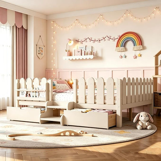 Bellemave Queen Size Platform Bed with Storage Drawers & Bookshelf for Boys Girls, Kids Queen Bed Frame with LED Lights & Stairs for Children's Room, Beige