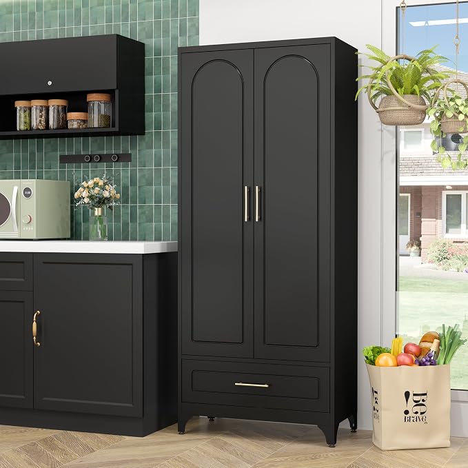 SteeLoong Metal Storage Cabinet with Drawers,75Inch Black Pantry Cabinets for Kitchen Storage with 3 Adjustable Shelves,Tall Kitchen Pantry Cabinet for Living Room, Dining Room，Office