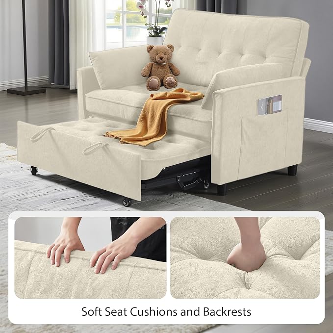 3 in 1 Convertible Sofa Bed, Pull Out Couch with Side Pocket, Sleeper Sofa with Adjustable Backrest | USB Charging Port | Two Pillows | Fabric | Ivory