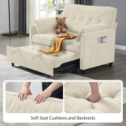 3 in 1 Convertible Sofa Bed, Pull Out Couch with Side Pocket, Sleeper Sofa with Adjustable Backrest | USB Charging Port | Two Pillows | Fabric | Ivory