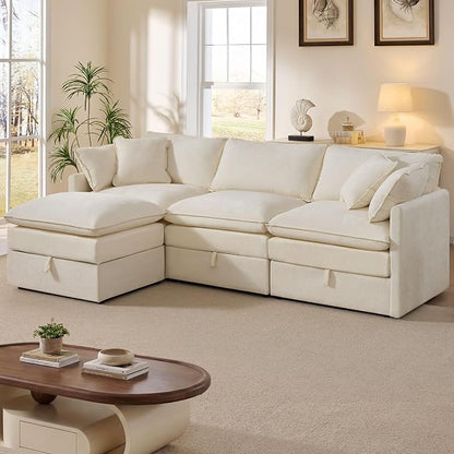 Ihanherry 103" Modular Sectional Sofa with Storage, L Shaped Cloud Couch with Movable Ottomans & 4 Pillows, Chenille Deep Seat Sectional Couches for Living Room, Apartment (Beige)