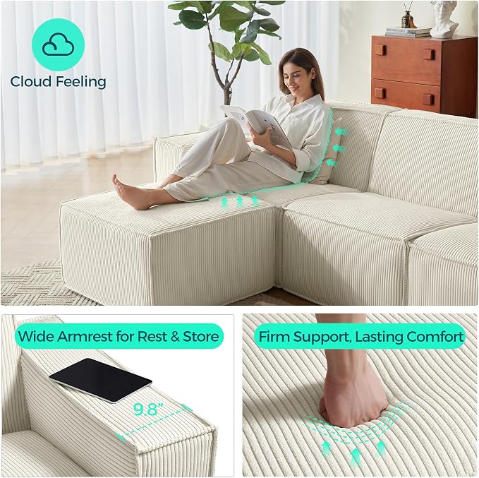 LINSY HOME Oversized Modular Sectional Sofa, 105" Cloud Couch L Shaped 3-Seat Sofa with 2 Movable Ottomans, Corduroy Sectional Couches for Living Room, No Assembly Required, Beige