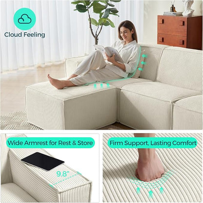 LINSY HOME Oversized Modular Sectional Sofa, 105" Cloud Couch L Shaped 3-Seat Sofa with 2 Movable Ottomans, Corduroy Sectional Couches for Living Room, No Assembly Required, Beige