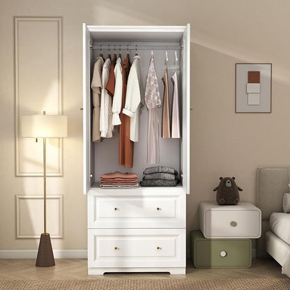 Armoire Wardrobe Closet with Drawers: 74" White Wardrobe Closet with 2 Doors, Tall Bedroom Armoires for Clothes, Wood Closets Cabinet for Hanging Clothes (31.5")
