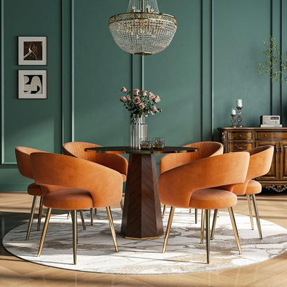 Hyfirm Velvet Dining Chairs Set of 6, Modern Gold Legs Dining Room Chairs with Hollow Back, Upholstered Accent Kitchen Chairs for Living Room/Reception/Restaurant, Orange
