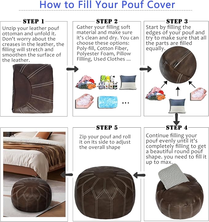Thgonwid Unstuffed Moroccan Faux Leather Pouf Ottoman Cover with Storage - Boho Chic Multi-Use Footrest for Living Room, Bedroom, Patio - Round Ethnic Floor Cushion & Decorative Accent, Deep Coffee