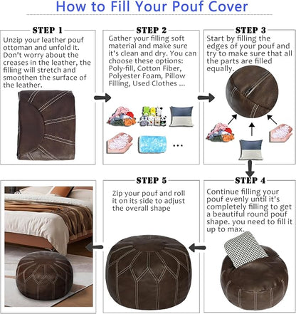 Thgonwid Unstuffed Moroccan Faux Leather Pouf Ottoman Cover with Storage - Boho Chic Multi-Use Footrest for Living Room, Bedroom, Patio - Round Ethnic Floor Cushion & Decorative Accent, Deep Coffee
