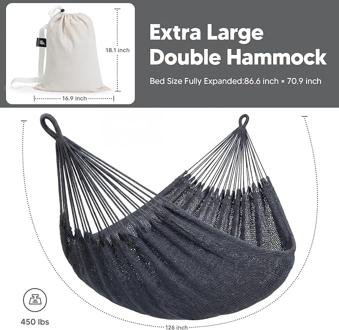 SUNCREAT Hammocks Outdoor Hammock Swing, Extra Large Hammock 2 Person Heavy Duty, Gray