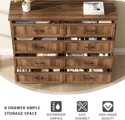 CARPETNAL Farmhouse Dresser and Nightstand Sets for Bedroom, 3 Pcs Bedroom Set, 8 Drawer Dresser & Nightstand Set of 2, Modern Wood Chest of Drawers for Bedroom, Living Room, Entryway, Brown
