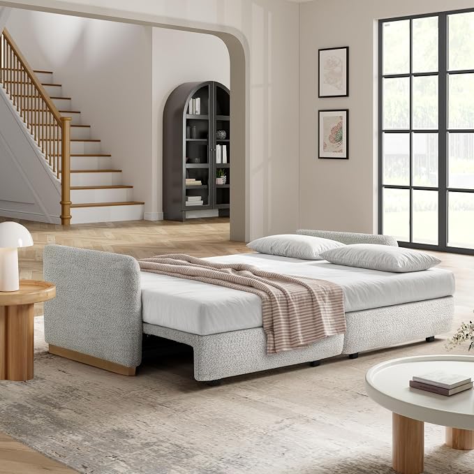 Serta Vail 86" Convertible Sleeper Sofa, Queen Size, Wall-Hugging Dreamglide Mechanism, Dreamcoil Comfort, Boucle Fabric, Ivory