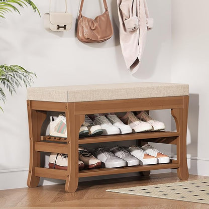 PETKABOO 27.6" Shoe Storage Bench with Cushion, Bamboo Shoe Rack Bench, 2-Tier Entryway Shoe Organizer, Supports up to 350 LB, for Hallway, Bedroom, Closet, Living Room