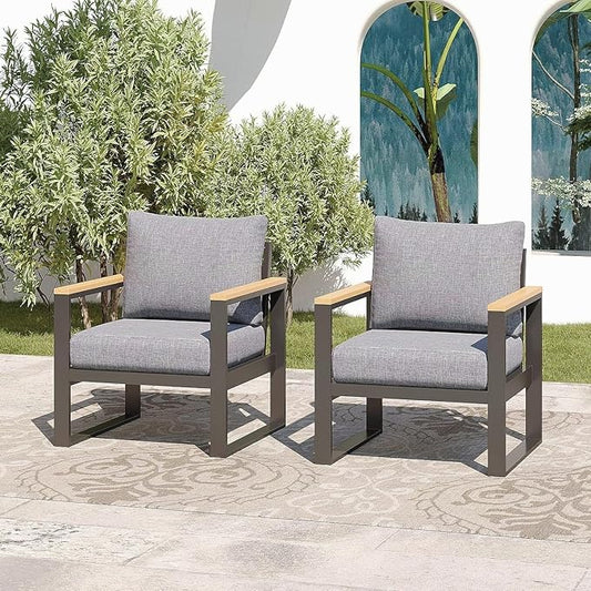 Sundale Outdoor 2 Pieces Patio Aluminum Armchairs, All-Weather Outdoor Furniture with 6” Olefin Cushion & Wide Armrest, Outdoor Chairs or Garden Deck Porch(Grey)
