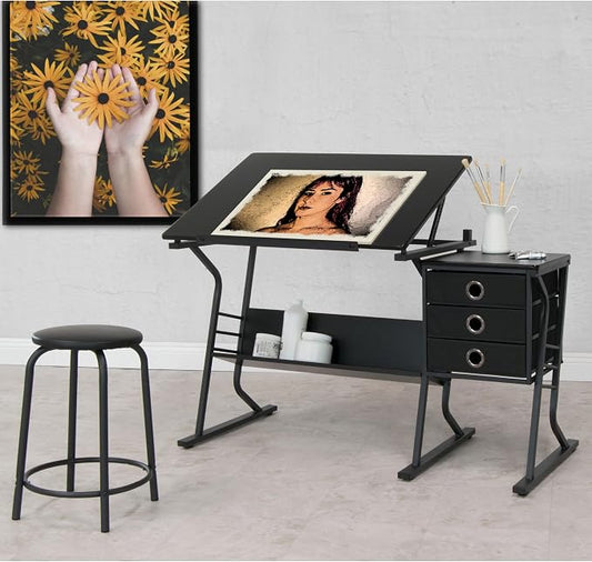 2 Piece Eclipse Ultra Center/Drawing Table with Stool, Angle Adjustable Top, Storage Shelves, and Drawers