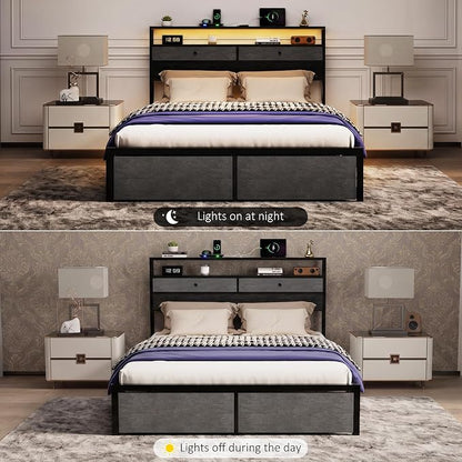 Full Bed Frame with LED Lights and Charging Station, Platform Bed with Metal Slats, Wood Headboard with 2 Fabric Drawers and Storage Shelves, No Box Spring Needed