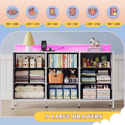 WLIVE Dresser TV Stand for 45, 50, 55 inch TV, Entertainment Center with LED Lights & Charging Station, Chest of Drawers with 9 Fabric Drawers for Living Room, Tie-dye Print (Pink, Purple, Blue)